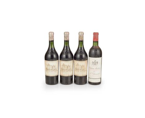 Four bottles of Bordeaux wine Chateau Haut-Brion 1958, 1er Grand Cru Classe, three bottles; Chateau Montrose 1966, one bottle