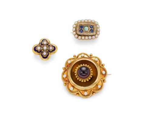 A collection of three Victorian brooches the first of scalloped circular outline, with cabochon garnet and pearl detail, unma