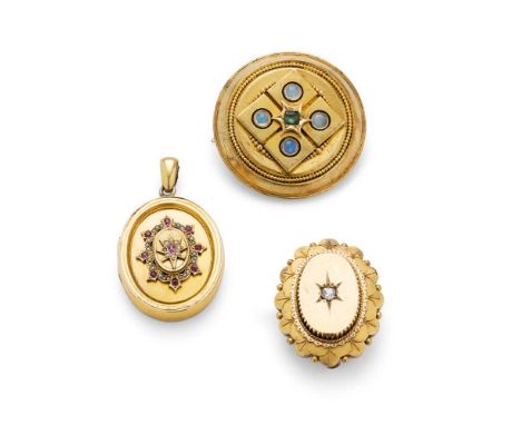 Two Victorian brooches and a locket including a large circular brooch set with opal cabochons, a central step-cut emerald and