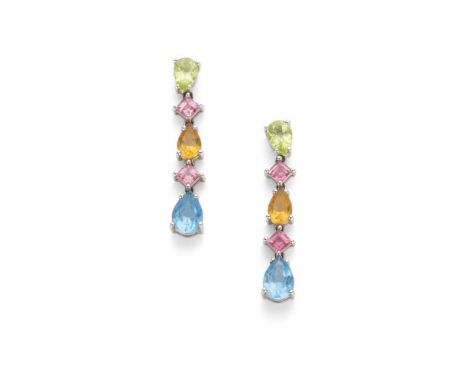 A pair of multi-gem pendent earrings each claw-set with square step-cut and pear-shaped tourmalines, topaz, citrines and peri