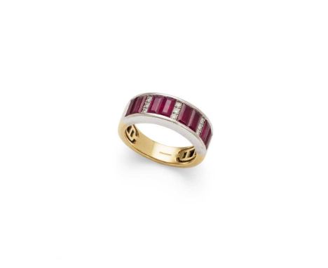 A ruby and diamond half-eternity ring set with pairs of rectangular step-cut rubies and trios of round brilliant-cut diamonds