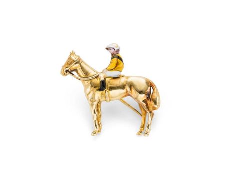 An enamelled novelty brooch designed as a racehorse and jockey with enamel detail, modelled in 18ct gold Dimensions:Width: 2.