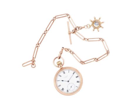 Elgin: a gold pocket watch and chain open face keyless wind, 9ct gold case, signed 7 jewel movement numbered 22116567, round 
