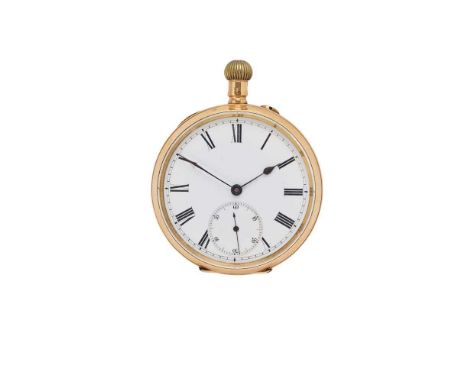 A gold pocket watch open face, keyless wind, case with Swiss assay mark for 18ct gold, unsigned movement, round white enamel 