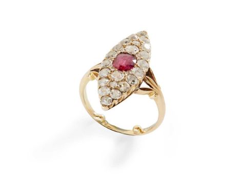 A ruby and diamond cluster ring claw-set with a cushion-cut ruby in a navette-shaped surround set with old round-cut diamonds