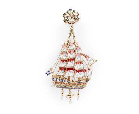 An enamel novelty brooch/pendant designed as a galleon decorated throughout with vari-coloured enamel and accented with cultu