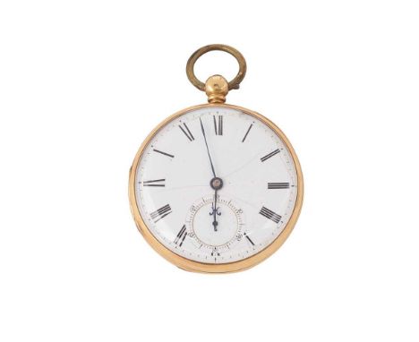 An 18ct gold pocket watch open face key wind, case with full London hallmarks for 1853, round white enamel dial with Roman nu