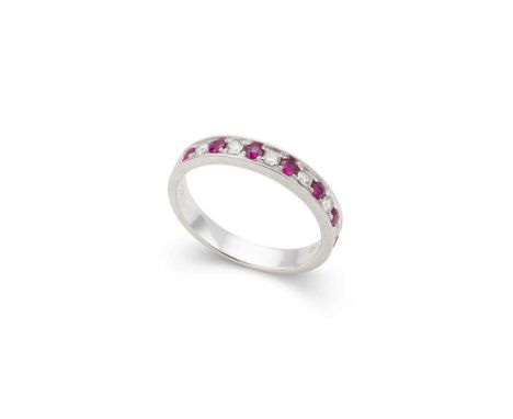 A ruby and diamond half-eternity ring set with alternating round brilliant-cut diamonds and round-cut rubies, modelled in 18c