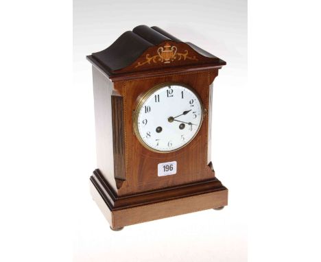Edwardian inlaid mantel clock with enamel dial.