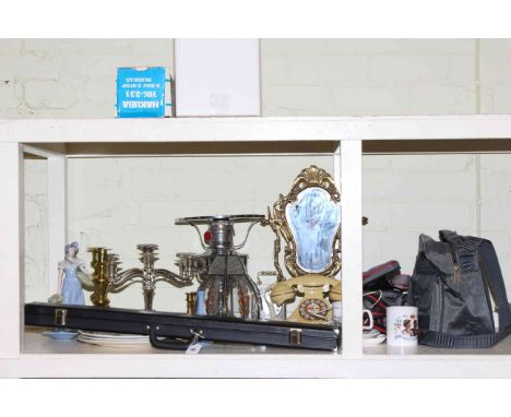 Camera and accessories, telephone, brass framed table mirror, pair of brass candlesticks, oil lamp, billiard cue and case, et