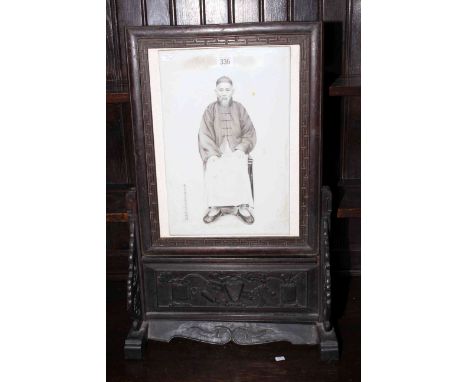 Chinese table screen with porcelain portrait panel and framed Oriental painted wood panel (2).