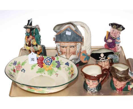 Royal Doulton 'The Mask Seller', large 'Don Quixote' and three small 'The Poacher', 'Long John Silver' and 'Old Charlie' char