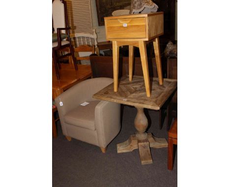 Tub chair, light oak single drawer side table and pedestal garden table (3).