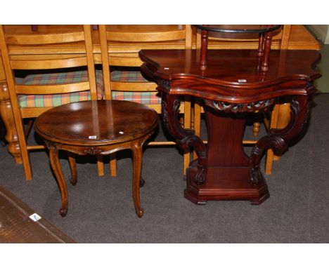Oval walnut cabriole leg occasional table, mahogany serpentine front console table and telephone table (3).
