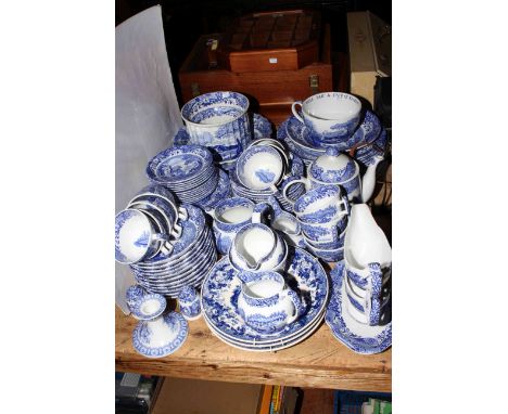 Large assortment of Spode Italian blue and white china including planter, gravy pots, teapot, cellars (approximately 90 piece