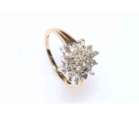 9 carat gold twenty diamond cluster ring, size K.