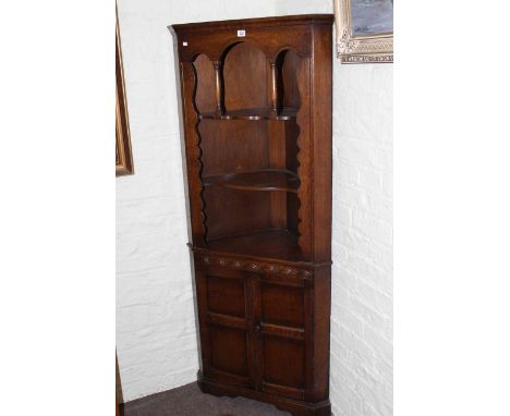 Oak open topped corner cabinet, small oak barley twist gate leg table and pair wheelback elbow chairs (4).