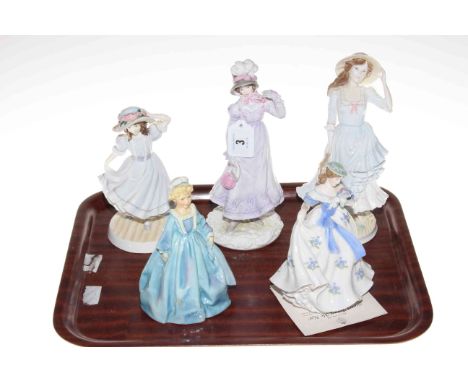 Five Royal Worcester figures 'Sweet Forget Me Not', 'Grandmother Dress', 'Summer', '1818 The Regency' and 'Grandma's Bonnet'.