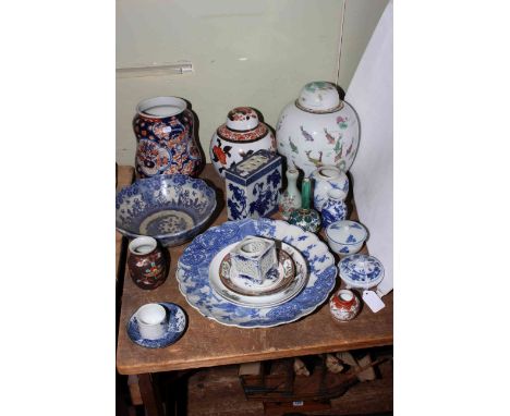 Oriental china including fish pot, blue and white, bowls, planter (22).