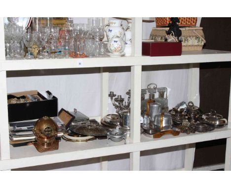 Brass and copper mini divers helmet, LP records, Piquot tea service, silver plated ware, etc.