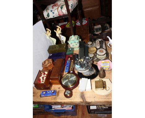 Chess, dominoes, wooden boxes, barometer, vanity set, ceramics, cutlery, sundial compass.