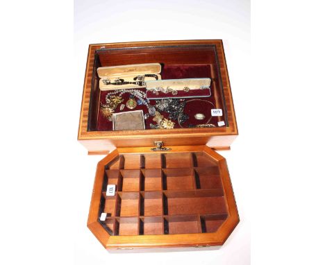 Two display cases, costume jewellery including boxed pieces and a Stratton compact.