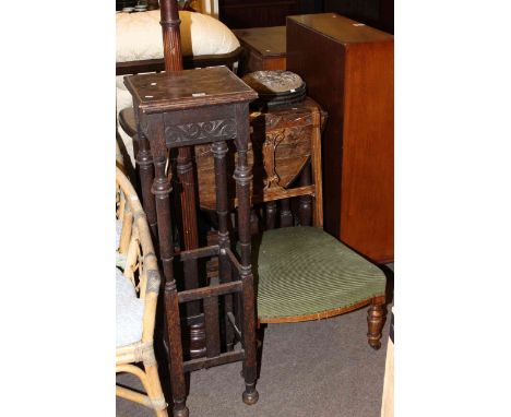Small oak gate leg table, oak plant stand, Victorian nursing chair and reeded column standard lamp and shade and pair Victori