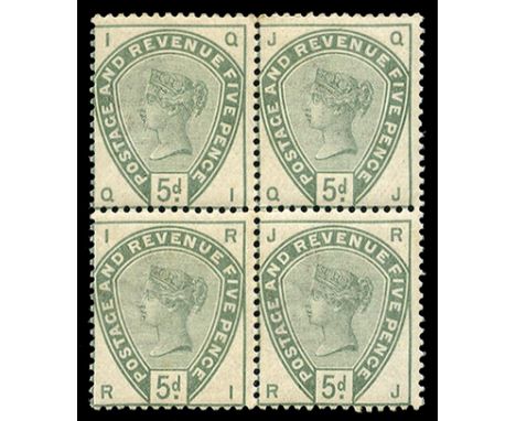 1884 5d Dull green (SG 193), block of 4, centred to lower left and light gum toning, however with good colour and u/m, a scar