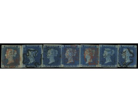 1840 2d blue, small used group including plate 1 (QL)  four clear to large margins, used red mc, some thinning, (PA) four lar