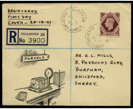 1947 11d plum on hand-illustrated registered fdc with Guildford cds, neat handwritten address, the illustration depicts a pos