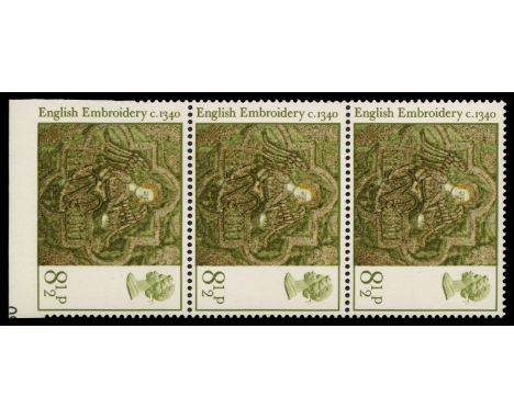 1976 8½p Christmas lower marginal strip of three variety imperforate between stamp and margin, very small patch of gum adhere