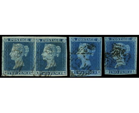 1841 2d blue plate 3, horizontal pair (KG-KH) used by light 498 numerals, large margins except close at upper right, two sing