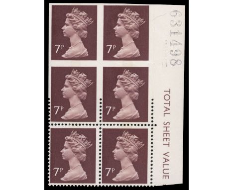 1977 7p Purple-brown (1 centre band) r/h marginal block of 6 (3 x 2) with sheet number, top pair imperforate, middle pair par