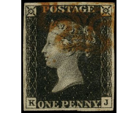1840 1d black plate 6 (KJ), four good to large margins, used by part red mc which leaves much of portrait clear 