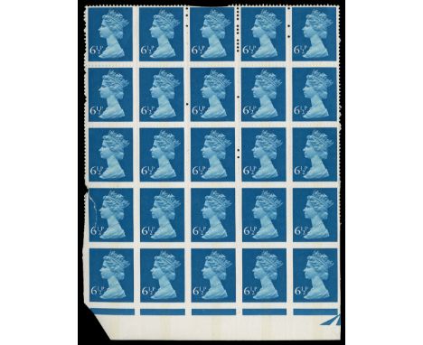 1975 6½p Greenish-blue (centre band), lower marginal block of 25, error most showing blind perforations, these being more pro