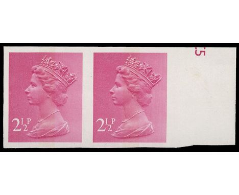 1971 2½p Magenta centre phos band var imperf r/h marginal horiz pair (SG X851a) fine u/m 