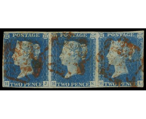 1840 2d blue plate 1: Horizontal strip of three 'HJ-HL' with close to large margins all round, light corner crease at lower l
