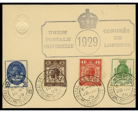 1929 9th Postal Union Congress, ½d to 2½d on Congress embossed stationery card with cachet, the 1½d and 2½d tied by Congress 