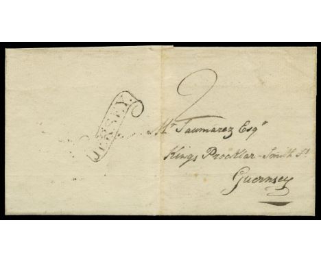 Undated outer letter sheet to Guernsey, rated '2' in m/s and bearing good JERSEY scroll (used 1810-1830), light vertical fili