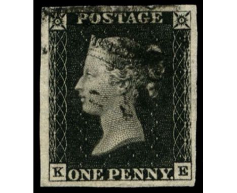 1840 1d black plate 1b: KE, four large to very large margins, used by slightly smudged part MC in black which leaves much of 