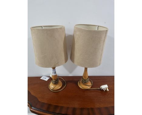 2 X Wooden Candle Stick Table Lamps With Beige Shades H 470mm