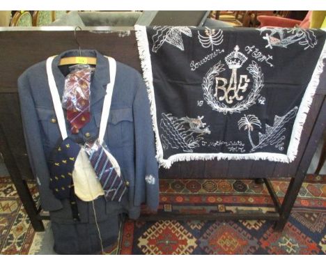 Military clothing to include an RAF jacket and trousers with military ties, a water bottle holder and an Egyptian 1942 scarf 