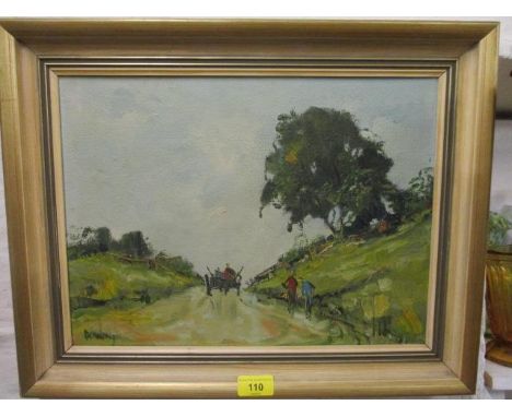 A contemporary oil on board of cyclists travelling uphill behind a tractor, signed lower left, 15" x 12", in a gilt frame 