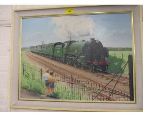 Stewart Hine - a 1913 Southern Harrow steam engine, oil on board, dated 1976 and signed lower right, framed, 20" x 16" 