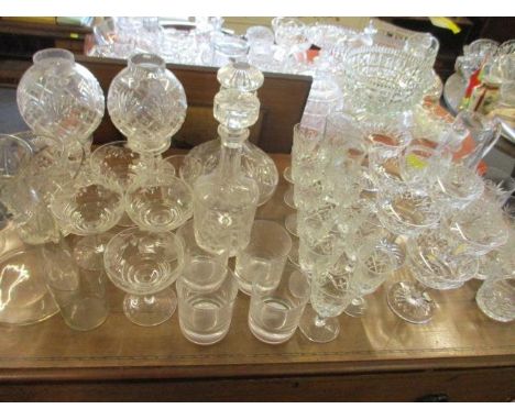 A Galway glass whisky tumbler, two decanters, two tea light holders,  mixed sherry glasses and other mixed glassware 