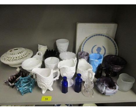 A collection of Sowerby pressed glass jugs, sugar bowls and other items, a Royal Worcester pot pourri bowl and cover and a We
