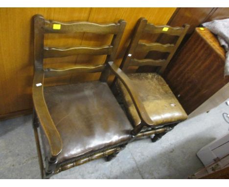 A set of six reproduction oak ladder back dining chairs 