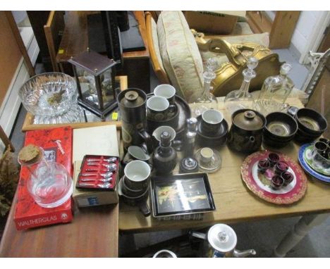 A mixed lot to include a 1970s Denby style dinner/tea/coffee service, glass decanters, a mirror, a clock and other items 