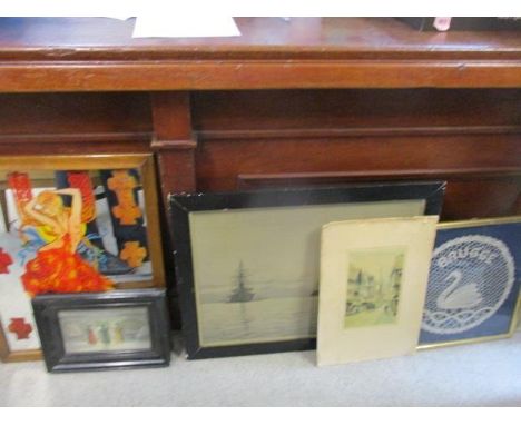 Pictures to include a print of ships on fabric, an early 20th century oil on board, prints and a reproduction mirror 