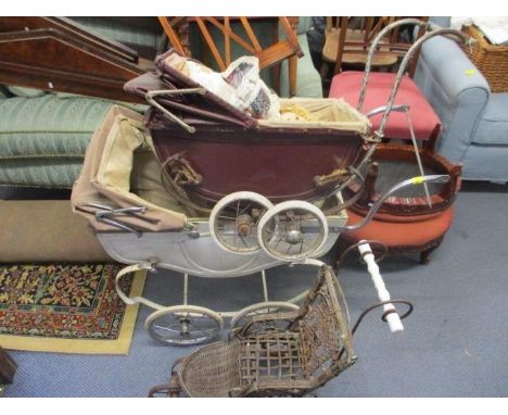 Three vintage dolls, prams, a doll and a teddy 